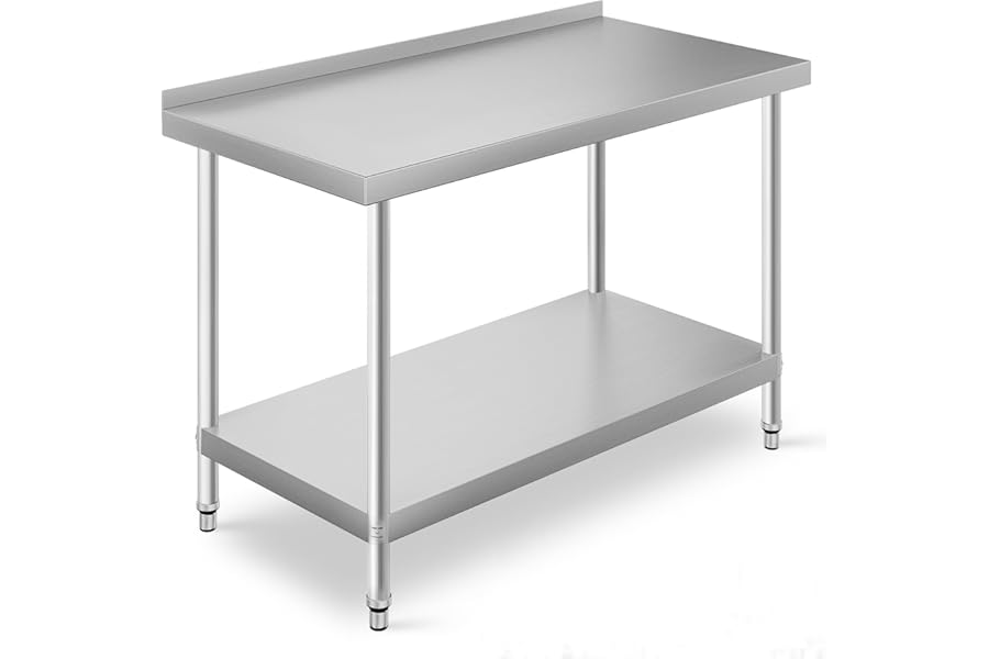 DKIEI Stainless Steel Kitchen Catering Table, 120 x 60 x 80cm Heavy Duty Food Prep Workbench with Double Shelf & 3.5CM Worktop Backsplash, Commercial Food Preparation Work Tables for Restaurant Home