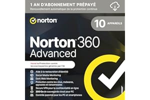 Norton 360 Advanced 2026 | 10 appareils | 1 An d'Abonnement en renouvellement automatique | Téléchargement
