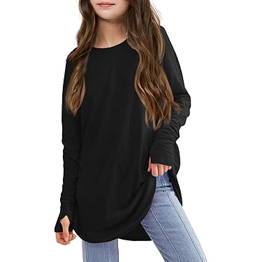 Haloumoning Meisjes T-shirt met lange mouwen en ronde hals Tops Kinderen Effen Schattig shirt met lange mouwen Casual Basic bovenstuk 5-14 jaar, donkergroen, 13-14 Jaar