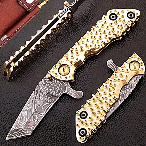 HANDMADE 17CM AWESOME HI TECH FOLDING POCKET KNIFE MADE WITH REAL DAMASCUS STEEL WITH BRASS HANDLE WITH SUPER SPIN FILE HANDWORK ON IT, BLADE UNDER 3 INCHES LEGAL TO CARRY:(BDM-162)