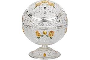 LAUYOO Vintage Windproof Ashtray with Lid for Cigarette Metal Portable Cigar Ashtray Odor for Indoor & Outdoor Use Hand Stamped Rose Pattern Fancy Gift for Men Women(Silver-White)