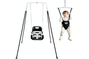 FUNLIO Juego de Columpios 2 en 1 con Saltador de Puerta para Bebés, Columpio y Rebotador para Niños de con 4 Bolsas de Arena, Soporte de Metal Plegable en Interiores/Exteriores, Fácil de Armar - Negro