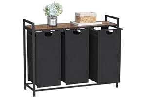 AMHANCIBLE Wäschekorb 3 Fächer, Wäschesammler mit Ablage, Wäschebox, Wäschesack aus Oxford-Gewebe ausziehbar abnehmbar, 38 L x 3, Stahlrahmen und obere Ablage, 92 x 30 x72cm, Rustic Braun EHLS03BR