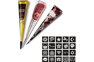 KARLOR 3 Pcs Henna Paste Cones with Tattoos Stencils, brown red black Henna cones 100% Natural Henna Cones for Temporary Tattoos Body Art All Natural Herbal Ingredients Chemical Free Long-lasting