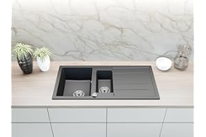 Faizee Home | Spülbecken Schwarz Gesprenkelt 100x50 cm aus Granit – Modell Napoli mit 2 Becken & Abtropffläche | Beidseitig montierbare Einbauspüle | Küchenspüle inkl. Siphon-Set (Schwarz Gesprenkelt)