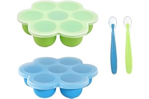 AUSYIWI Recipiente de Silicona de 4 Piezas para Comida de Bebé (Recipiente para Comida*2+Cuchara de Silicona*2), 7 Compartimentos * 40ml, Práctico para Guardar Comida Casera, Sin BPA, Verde + Azul