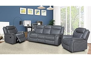 SC Furniture Ltd Grey High Grade Leather Gel Recliner 3 Seater Sofa + 2 Reclining Armchairs Sofa Suite CLIFTON