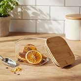 Deconox 400 ml Bambu Kapaklı Kare Cam Saklama Kabı - Dikey &Ccedil;izgili R&ouml;lyef Desenli Vakumlu Kahvaltılık ve Erzak Kabı (10x10x6 