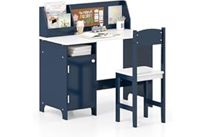 COSTWAY Kinderschreibtisch Set, Schreibtisch Kinder mit Stuhl aus Holz, Schülerschreibtisch mit Bücherregal, Schrank & Pinnwand, Jugendschreibtisch für Kinder ab 3 Jahren (Mit Pinnwand,Blau)