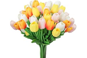 Tifuly 24 pezzi di tulipani artificiali in lattice, realistici bouquet di fiori finti di tulipani per la casa, matrimonio, festa, decorazione dell'ufficio, composizioni floreali (Mescolare Giallo)