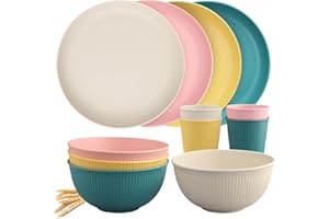 Tanice Kids Dinnerware Set, 12PCS Plates and Bowls, Plastic Dishes for Kitchen and Outdoor Camping