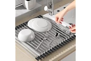 KAWAAN Scolapiatti da Appoggio, Scolapiatti Arrotolabile per Lavello, Scolapiatti in acciaio inox, per Tazze, Frutta, Verdura-Nera, 45 x 35 cm - Nero