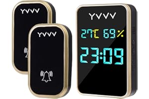 YVVV Timbre Inalámbrico Inteligente con el Pulsador de Autoalimentado sin Hilos para la Puerta, con la Pantalla de Hora, Temperatura y Humedad, 38 Melodías y 4 Niveles de Volumen, No Requiere Batería