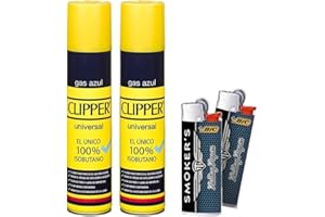 DISPAU Pack 2 Botellas de Gas Clipper Azul 300 ML para Recargar Mecheros y Sopletes de Cocina + 2 MECHEROS BIC Piedra DE Regalo