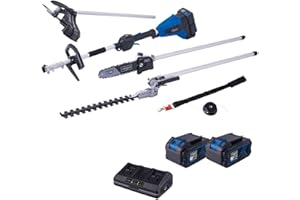 Scheppach BC-MFH400-X Appareil multifonction sans fil 4 en 1 sans fil 20 V | Débroussailleuse, taille-haie, élagueuse | Série IXES 20 V | avec 2 batteries 4 Ah et double chargeur