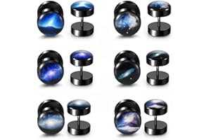 PiercingJak 6 Pairs Fake Gauges Earring 18G Solar System Galaxy Universe Stainless Steel Stud Barbell 00G Cheater Fake Ear Plugs Illusion Tunnel Piercing Stud Screw Earrings