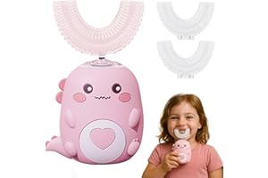QIAKEFE Spazzolino da denti elettrico a 360º per bambini, spazzolino da denti elettrico con 2 testine in silicone a forma di U, ricaricabile e impermeabile, per casa, viaggi, uso (rosa 2-6 anni)