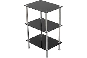 KING mahara Black Glass 3 Tier Modern Organisation Rack, Shelving Shelf Unit, Shelf Width 40cm x 30cm, Max Weight per Shelf 5kg for Living Rooms, Kitchen, Garage, etc