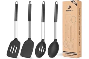 BUNDLEPRO Pack of 4 Silicone Cooking Utensils Set, Non Stick Large Solid Spatulas, Heat Resistant Black Slotted Spoons, Ideal BPA Free Kitchen Turners for Frying, Mixing,Serving,Draining,Turning,Stirring