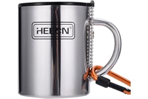 HEECN® Camping Becher Mit Deckel und Karabiner - Edelstahl Tasse - Thermo - Kaffeebecher - Doppelwandige Isolierbecher BPA-frei HESS-038BBK (330 ml mit versiegeltem Trinkdeckel)
