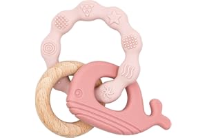 GOVVAY Anneau Dentition Bebe, Jouet Dentition Apaiser Les Gencives en Silicone et Bois sans BPA pour Bébé de 3 Mois Et Plus (Baleine Rosa)