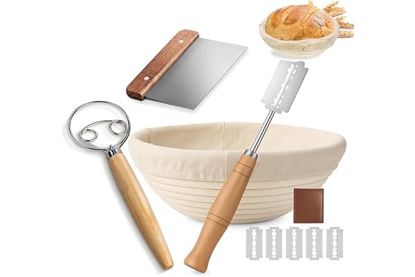 Jäskorg bröd-set, 23 cm jäskorgar för brödbakning, surdeg startset, inklusive degskrapa och oljepensel, brödbaksats bröd, jäskorg för nybörjare (23 cm, rund)