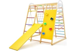 GYMAX 8 in 1 Kids Climbing Set, Indoor Playground Toddler Climber Slide Playset with Swing, Climbing Rock/Net, Monkey Bars and Rope Ladder, Wooden Climbing Toys for 3 Year Olds + (Colorful)