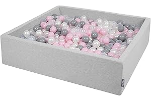 KiddyMoon Piscina De Bolas 120X30cm/600 Bolas El Cuadrado Grande para Ninos,Hecha En La UE, Gris Claro:Perla/Gris/Transparente/Rosaclr