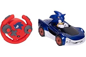 Sonic The Hedgehog, Coche Radio Control Derrapes de Jakks Pacific - Coches a Distancia con Ruedas Luminosas, Juego Interactivo con Mando a Distancia Rojo con Pilas Incluido