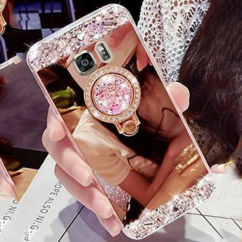 for Samsung Galaxy S7 Case Silicone Mirror,Areall [Ring Stand Holder] Glitter Luxury Crystal Rhinestone Soft Slim Flexible Rubber Shockproof Makeup Back Cover Bumper for Samsung Galaxy S7-Rose Gold