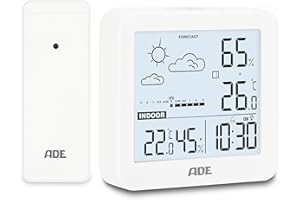ADE Pequeña estación meteorológica digital con sensor exterior y previsión meteorológica | temperatura interior y exterior | humedad | reloj radiocontrolado con despertador | incl. pilas | blanco