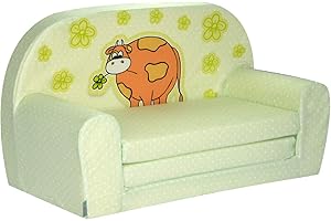 ‎FORTISLINE FORTISLINE Ausklappbares Kindersofa Mini grüne Kuh Abnehmbarer Bezug Spielsofa Kuschelsofa Übernachtungssofa