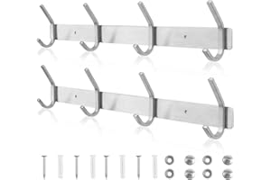 Qiannhee 2 Pack Coat Racks Wall Mounted 43CM up to 40KG Heavy Duty Coat Hook Rack Rustproof Clothes Hooks Rail SUS304 Stainless Steel 4 Hooks Wall Rack for Door, Kitchen, Bedroom, Bathroom, Entrance