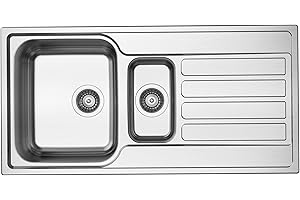 RUMO RELIABLE & MODERN RUMO Lucid Premium 1.5 Bowl Stainless Steel Kitchen Sink Reversible with Drainer One & Half Bowl 1000 x 500mm Inset with Large deep Bowl Includes Wastes & Plumbing Kit Life Time Warranty
