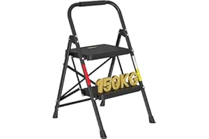 BONTEC Escabeau 2 Marches 150 kg, Marche Pied 2 Marches en Acier Antidérapant avec Poignée en Mousse, Mini Escabeau Pliant 6,9 cm, Tabouret Marche Pied Noir