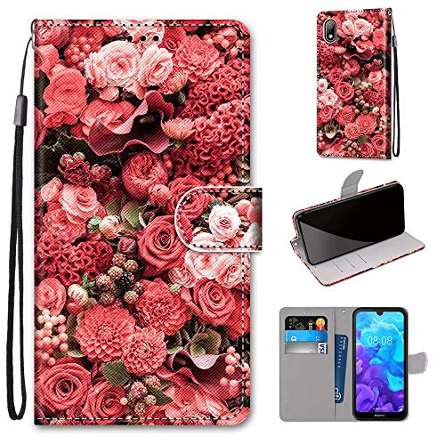 Miagon PU Cuir Coque pour Huawei Y5 2019,Coloré Motif Portefeuille Étui Housse Cover avec Stand Support Porte-Cartes de Crédit,Rose Fleur