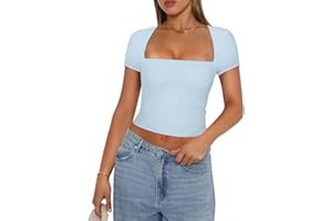 YILEEGOO Women Y2K Long Sleeve Tops Sexy Low Cut Square Neck Basic Tops Blouse Casual Slim Fit Solid Color Crop Top Tight T-Shirt