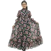 Luxe & Hardy Girls Runway Rose Long Shirred Dress with Ruffle Neck, Black with Pink Roses, 9-13 Years