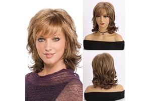 AUBWIG Parrucca da donna marrone misto biondo chiaro medio lungo parrucca sintetica soffice naturale riccia con frangia per donne uso quotidiano