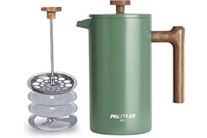 POLIVIAR 7379 POLIVIAR Cafetiere 8 Cup, French Press Coffee Maker with Wood Handle, Double Walled Insulated Cafetiere &1 Extra Filter, Insulated 1L French Press for Coffee & Tea, Includes 1 Extra Filter