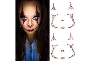 IHLOOTD Adesivi Viso Halloween Strass Gemme 2 Pezzi Brillantini Make up Tatuaggi Trucco Donna Rossi Pagliacci per Carnevale, Giorno dei Morti, Mascherata, Natale, Feste di Compleanno
