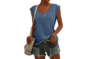 ASKSA Femme T-Shirt Débardeur Col en V à Mancherons été Couleur Unie Sport Tee Hauts Chemises Amples de Base Shirts