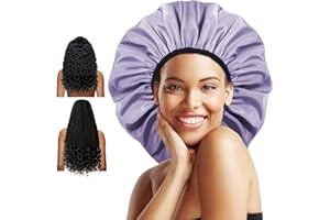 Auban Extra Large Shower Cap, Double-Layer Waterproof Reusable Satin Lining Shower Bonnet for Women Long Hair, Braids, Locs, perms (Purple)