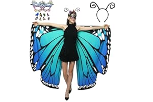 HAPNBCELE Butterfly Wings Costume for Women Double-Sided Butterfly Fairy Dress up Wings Cape Shawl Masquerade Lace Masks Headband Hair Clips(11 PCS)-Blue-Green