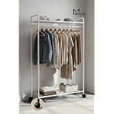 Metaliz Concept Tekerli Modern Metal Elbise Askılığı - Katlı Raflı Portatif Giysi Standı, Beyaz Renk