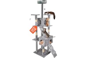 WINTEM Tiragraffi XXL 170cm con Doppia Cuccia per Gatti Adulti, Albero Giochi in Sisal e Peluche, Piatteforme Relax, Ampio e Sicuro per il Massimo Divertimento dei Gatti Grigio