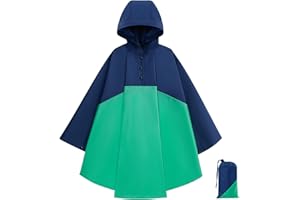 KAKU NANU Kids Rain Poncho with Hood,Waterproof Reusable Poncho Coat 3-13 Years,Lightweight Packable with Carry Pouch,Fashion Colour Block Design for Boys&Girls