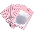 XFXIA 100 Pieces Mylar Bags, Resealable Smell Proof Bags with Ziplock and Clear Window, Aluminum Foil Pouch Bag for Candy Food Lip Gloss Packaging |flat|cute| (Pink) (Pink, 4 x 6Inch)
