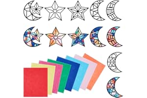PLIGREAT 12 Pcs Star Moon Shapes Templates Stained Glass Effect Paper Sets, DIY Suncatchers Crafts Kit for Daycare Nursery Shcool Art Project Handwork Supplies Children's Party Favors Window Decor