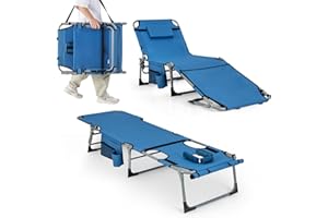 COSTWAY 1/2 Tumbonas Jardin Exterior, Tumbona Plegable con 5 Posiciones de Respaldo, Reposapiés Ajustable, Orificio, Almohada Extraíble, Tumbona Playa Piscina Jardin (1, Azul)